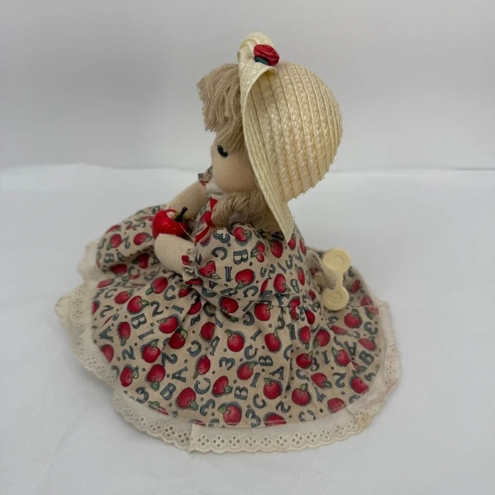 Cacos‎ Musical Wind Up Rag Doll Apple ABC Dress Straw Hat VTG Cottage Core
